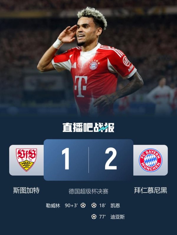 赛季首冠！拜仁2-1斯图加特问鼎德超杯 凯恩抽射破门迪亚斯首球