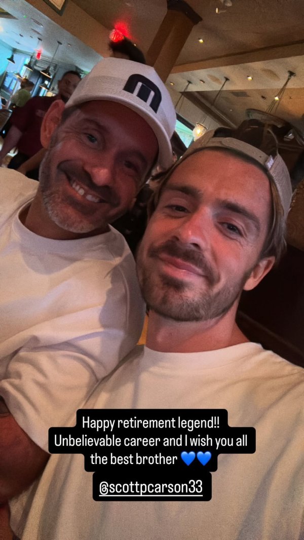 前队友卡森负责退役, 格拉利什社媒晒合照祝其改日一切班师