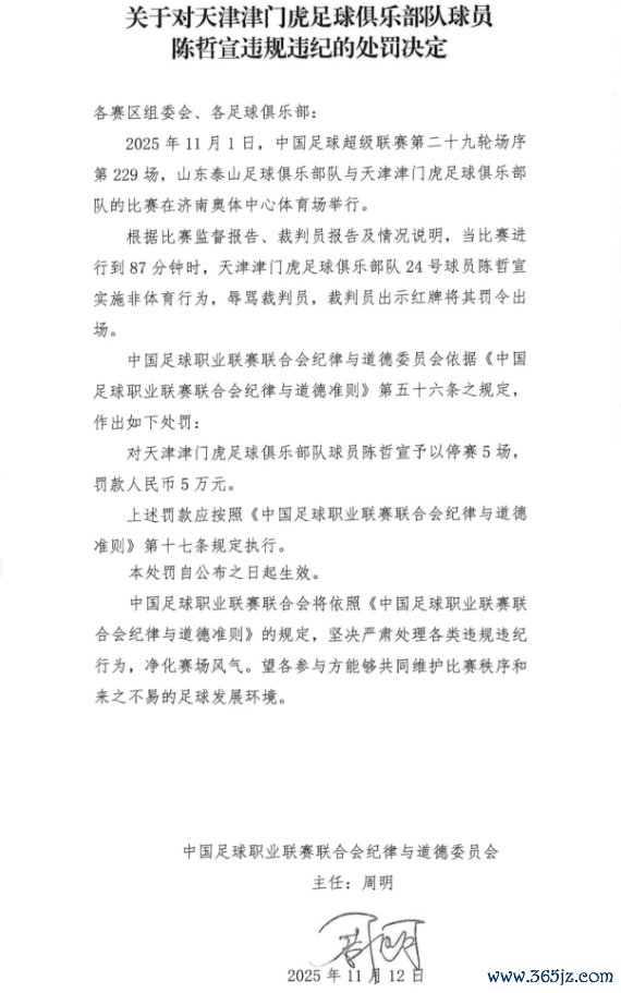 中足联官方：津门虎球员陈哲宣吵嘴评判员，禁赛5场罚金5万