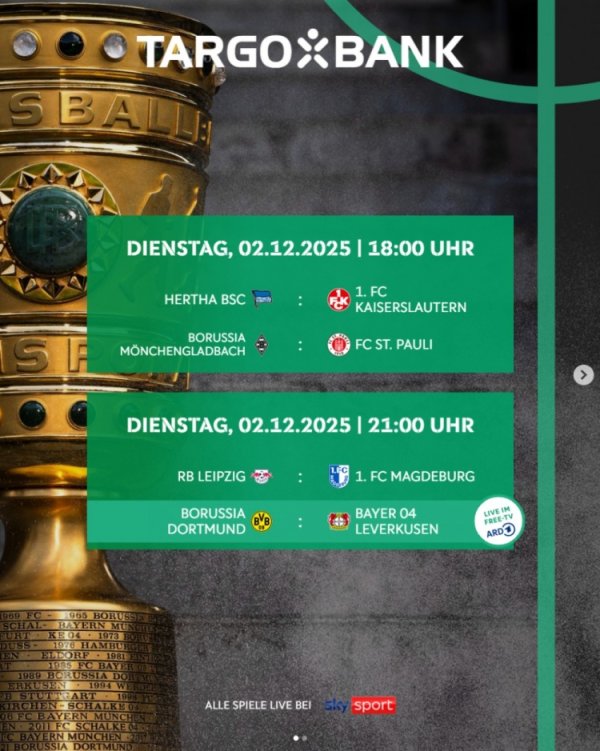 德国杯1/8决赛技艺：12月3日4点药厂vs多特 4日3:45柏林纠合拜仁