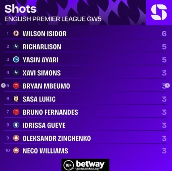 英超第5轮射门榜：伊西多6次居首，理查利森、亚辛-阿亚里5挨次二