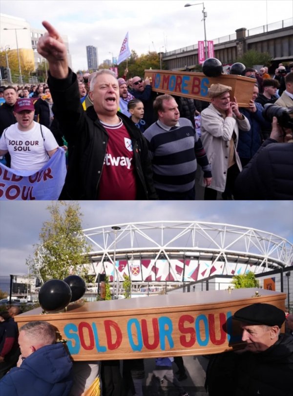 太阳报：发火俱乐部统共者，西汉姆联球迷抬棺抗议